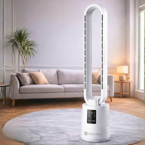 NARCISO Ventilatore a Torre Senza Pale con Telecomando, Ventilatore Aria Fredda a Basso Consumo Energetico, Raffrescatore d'Aria Potente Portatile Facile da Spostare di Camera in Camera