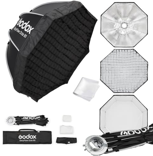 Godox EazyFlow Octa 90 35.4 Quick-Fold Softbox Bowens & Raster | Snabbutfällbar paraplydesign med Bowens-fäste i metall, perfekt för porträtt, resor och snabba studiofotograferingar.