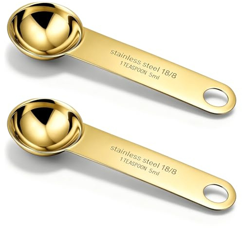 2PCS Stainless Steel Teaspoon Measuring Spoons Gold Tablespoon Measurings Individual Measuring Scoop 5 mL Single Teaspoons Metal Measurings Spoons Long Handle Spoon for Kitchen Tea Coffee