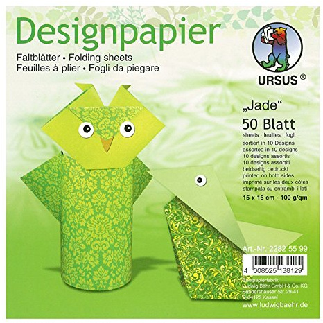 Ursus 22825599 - Designpapier Jade, 50 Blatt in 10 verschiedenen Motiven, ca. 15 x 15 cm, 100 g/qm, beidseitig Bedruckt, ideal zum Falten von kreativen Origami Tieren