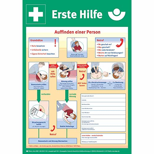 Indigos UG Aufkleber Anleitung zur Ersten Hilfe bei Unfällen Aushang, 40x56 cm - selbstklebender Sicherheits Aufkleber für Tür oder Wand - Warnschild für Gebäude, Hotel, Büro, Firma, Haus, Praxis