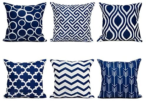 TIDWIACE Set of 6 Navy Blue Cushion Cover Outdoor Furniture Decorative Linen - Throw Pillow case for Home Office Sofa Bedroom Car Garden ，Invisible Zipper 45x45cm/18x18 Inch