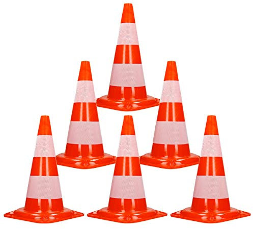 ECD Germany 6X Cônes Signalisation Pylône, 47cm, PVC Solide, Orange/Blanc, Triangle de Circulation, Marqueur Attention Sécurité, avec 2 Bandes Réfléchissantes, Pylone Cône Avertissement de Parking