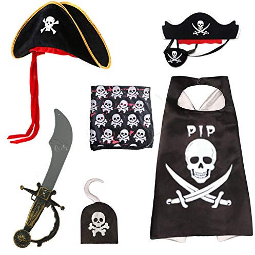 Skyllc Halloween Piraten Kostüm Set 6 Stück, Piratenumhang, Tricorn Hut, Piraten Augenklappe, Captain Hook, Cutlass Schwert, Piraten Bandana, Piraten Zubehör Kit, Ideal für Party