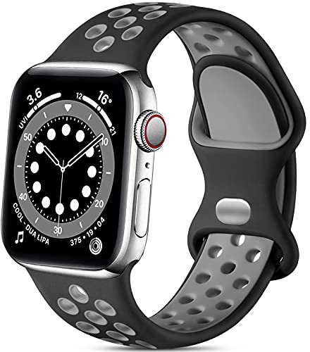 Epova Sportarmband kompatibelt med Apple Watch 42 mm, 44 mm, 45 mm, 49 mm, kvinnor och män ventilerande silikonarmband för iWatch SE 3 Series 11 10 9 8 7 6 5 4 3 2 1, svart/grå, stor