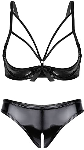 Choomomo Womens 2 Piece Lingerie Set Stretch Vinyl Shelf Bra Quarter Cup Bra Tops with Panties Teddy Black XL