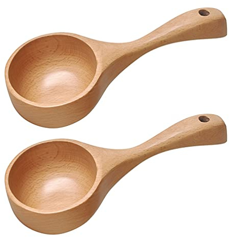 2Pcs Wooden Rice Spoons Coffee Bean Scoops Practical Water Ladles for Kitchen Use - Handmade Wooden Kitchen Spoons (Log Color, 8.5 Inches)