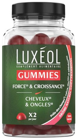LUXÉOL - 60 Gummies Force & Croissance - Complément Alimentaire Cheveux & Ongles - Fortification - Arôme Naturel Framboise - Sans Sucres - Fabriqué En France - Programme 1 Mois