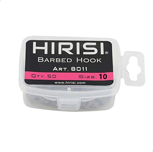 Hirisi 8011 Lot de 50 hameçons avec ardillon Taille 10 avec œillet pour la pêche à la carpe en acier au carbone Hameçons de pêche à la bouillette Différentes tailles