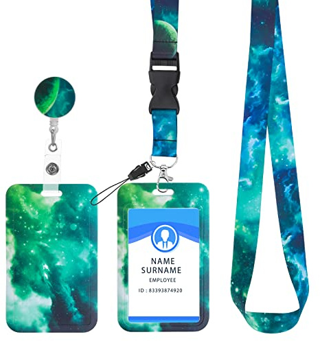 Cobee ID märkeshållare med snodd, infällbar, stjärnhimmel, märkeshållare med rullar och avtagbara märkesband, fashionabla halsband, crossbody-band, namn, kreditkortsskydd för kvinnor/flickor (grön)