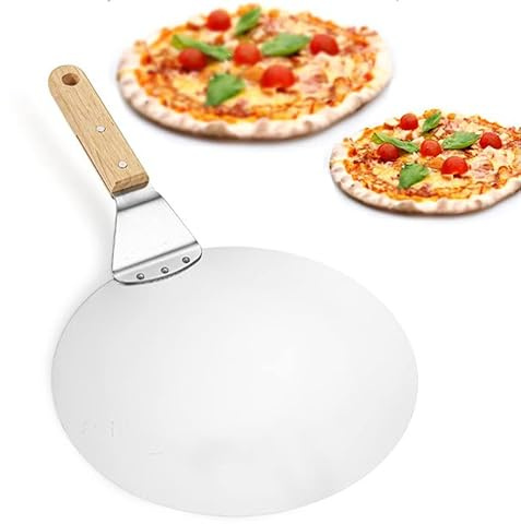 Pala per Pizza Corta in Acciaio Inossidabile con Manico in Legno per Pizze, Torte, Forno e Griglia, Sottile e Resistente, Diametro 25,5cm