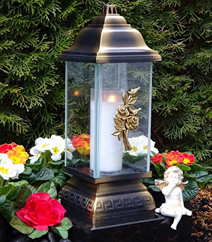 Grablaterne Grablampe Grableuchte Rose Bronze Grablicht Kerze Gabschmuck Lampe Laterne Licht Trauer Hund Katze Haustier