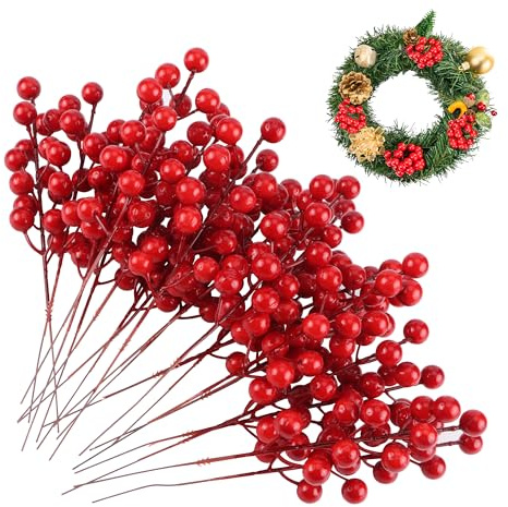 YiliYa 20 Stück Künstliche Rote Beeren Dekoration,Rote Beeren Dekorative Zweige mit Beeren Künstliche Rote Stechpalmen Beeren für Christbaumschmuck Weihnachtskranz
