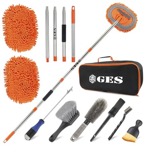 GES Car Wash Mop with Long Handle, 62 Inch Car Wash Bruh with Telescoping Handle, 2 in 1 Microfiber Chenille Cleaning Kit with Storage Bag for Washing Car Rv Suv Truck and Houshold Cleaning (Orange)