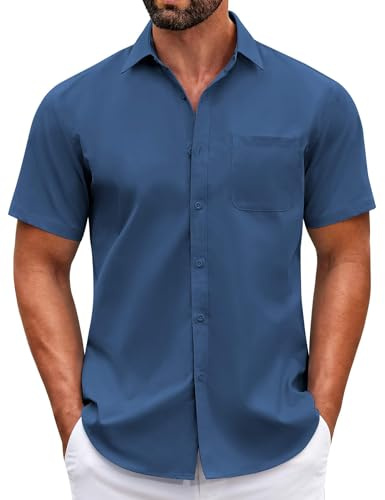 COOFANDY Mens Casual Short Sleeve Button Down Slim Fit Dress Shirts Lightweight Athletic Fitted Classic Tops Blue