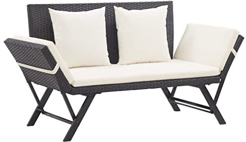 Gecheer Gartenbank mit Kissen Sonnenliege Sitzbank Bank Gartenliege Liege Gartenmöbel Balkonbank Parkbank Terrasse Schwarz 176 cm Poly Rattan