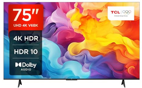 TCL 75V6BK 75-inch 4K Ultra HD, HDR TV, Smart TV Powered by Android TV (Dolby Audio, Voice Control, Compatible with Google Assistant, 2024 New Model)