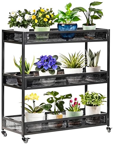 DHYGOTFUR 【Outdoor Schwerlast 3-stöckiger beweglicher Gartenwagen】Zhongmas stabiler Pflanzenständer aus Metall mit hoher Kapazität und drehbaren Rädern