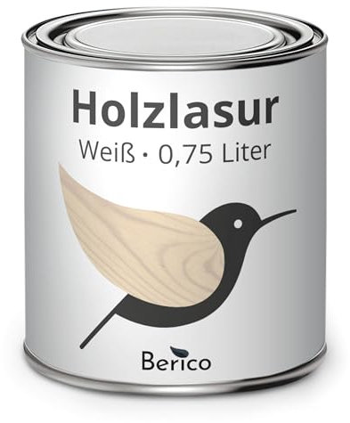Berico Holzlasur - Weiß - 0,75 Liter Lasur - Kalkweiss - Wetterfeste Holzschutzlasur für Innen und Außen - Holzschutz, Wetterschutz und UV-Schutz