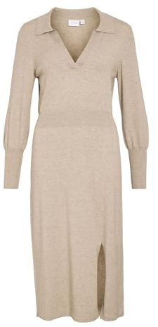 Vila VICOMFY L/S Collar Rib stickad klänning – NOOS, Naturlig blandning, S