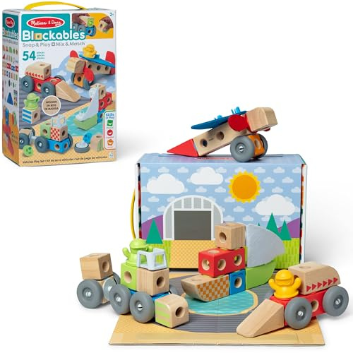 Melissa & Doug Blockables™ Vehicles Snap and Play, Mix and Match Connectable Wooden Building Blocks Play Set Toy for Preschool Boys and Girls (54 Pcs)