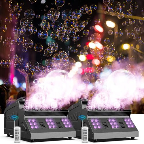 Máquina de Humo con Burbujas, 2PC Máquina de Pompas de Jabón de 1500W con 18 Efectos RGB 3 en 1, Control Remoto con Control DMX, Adecuada para Fiestas, DJ, Halloween, Navidad, Bodas