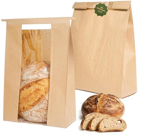 Funcoo 50 Paper Bread Bags for Homemade Bread, Sourdough Bread Bags Bakery Bags with Window/Tin Tie Tab Lock, Large Bread Loaf Bags for Baked Goods Packaging, Label Seal sticker included (50)