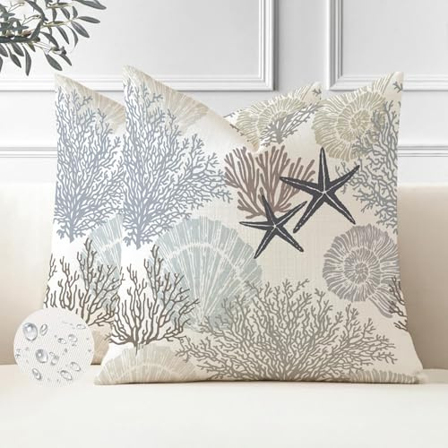 Miuyunya 2 Stück wasserdichte Kissenbezug 50 x 50 cm Maritim Seestern Kissen Dekorative Moderne Outdoor Wasserfest Kissenbezüge Outdoor Sommer Polster Zierkissenbezüge für Garten Wohnzimmer Frühling
