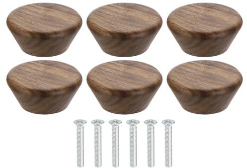 QUARKZMAN 6Pcs Tirador Redondo De Madera Para Cajón, 1 3/4 Diámetro Tirador De Cómoda De Cabeza Plana Tiradores De Madera Con Tornillos Para Muebles Cajón Cómoda Armario Alacena, Nogal