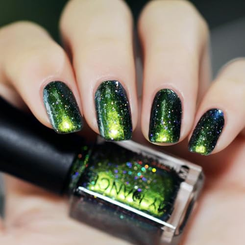 Green Holographic Nail Polish - Glitter Color Changing Nail Varnish - Green Base Refective Shimmer Chameleon Nail Polish Quick Dry - No Need UV DIY Manicure Nail Art at Home