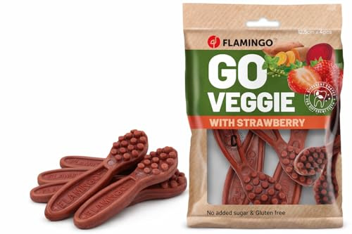 Flamingo Leckerli Hund – Veggie Zahnbürste mit Erdbeere – 160g – glutenfrei – kalorienarm – Zahnpflege Snack
