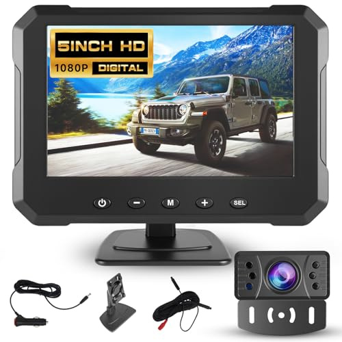 Kit de Monitor con Cámara Trasera Digital Hodozzy, Pantalla 5 Pulgadas 1080P HD Visión Nocturna IP69 Impermeable, Ángulo Amplio con Cable y Soporte Corto de Matrícula para Camión Caravana Autocaravana