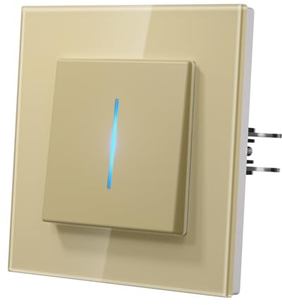 MVAVA Lichtschalter Unterputz, Lichtschalter mit Blaue Leuchtstreifen, Moderne Glas Schalter, Einfache Montage 86mm*86mm Wandschalter, 1 Fach 2 Wege Gold