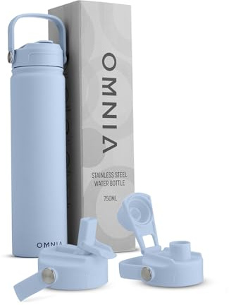 OMNIA Vacuum Insulated Stainless Steel Water Bottle, 2 Lids (Straw & Spout) Leakproof, BPA-Free, Reusable Flask for Sports, Gym, Travel, Outdoors (Sky Blue, 750ML)