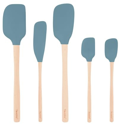 Tovolo Silicone Spatula with Wooden Handle Set of 5 Piece Silicone Kitchen Utensil Set Spoonula Jar Scraper Mini Spatula and Spoonula for Cooking Baking Mixing Folding Blue Slate