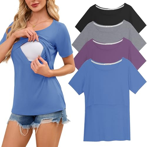 Smallshow Women's Nursing Tops Ribbed Short Sleeve Breastfeeding Clothes 4 Pack,Blue-Black-Light Grey-Misty Lilac,L