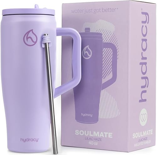 Hydracy Soulmate Vaso térmico con asa y pajita, a prueba de fugas 1,18L | Taza de viaje de acero inoxidable,tapa abatible sin BPA,apta para lavavajillas,compatible con portavasos