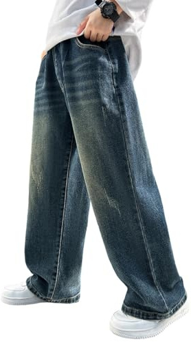 Rolanko Boys Baggy Jeans Elasticated Waist Cargo Bootleg Skater Jeans with Multipockets Vintage Streetwear Denim Pants for Kids, Solid Denim Blue, 170, 13-15 Years