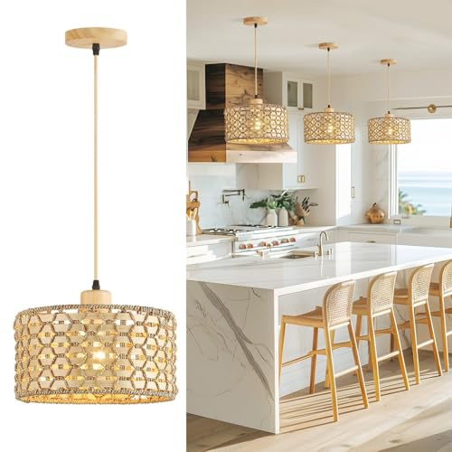 TMKOO Boho Rattan Pendelleuchte Handgeflochtene Vintage Bambus Kronleuchter Höhenverstellbar Für Esstisch Wohnzimmer Schlafzimmer Küche Diele Restaurant Cafe E27 Hängelampe