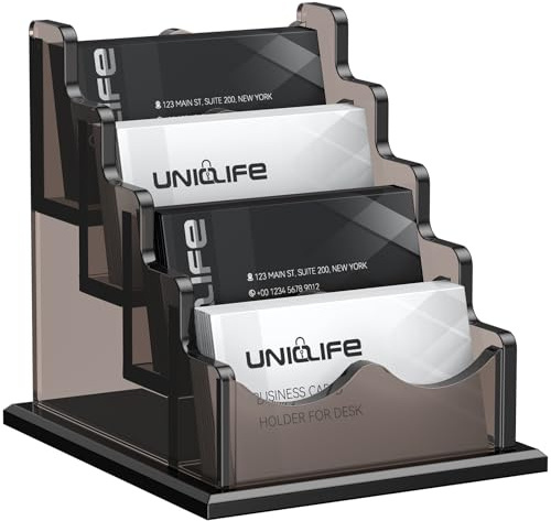 Uniclife Acryl Visitenkartenhalter für Schreibtisch 4 Fächer klarer horizontaler Ständer Organizer für Büro Zuhause Ausstellung Kapazität 240 Karten schwarz