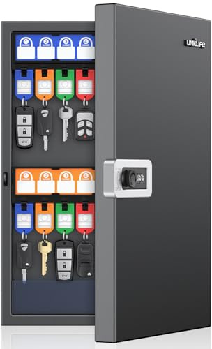 Uniclife 32 Keys Key Lock Box, Wall Mount Key Box, Key Cabinet, Car Key Organizer with Writable Key Racks and Tags, Security Key Holder Storage Container for Office, Hotel & Company
