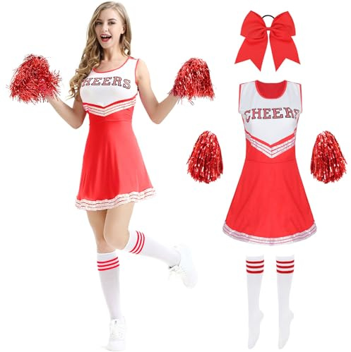 Crittygo Cheerleader Kostüm für Erwachsene, Damen Cheerleadering Outfit mit Pompoms Haargummi Socken, High School Cheerleader Uniform für Karneval Fasching Party Cosplay
