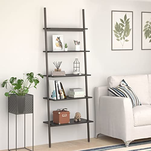ZfiPhranillus Scaffale a scala, 64 x 34 x 185,5 cm, in acciaio, in legno nero, con 5 ripiani, portata 40 kg, design moderno, per soggiorno, ufficio, corridoio, camera da letto
