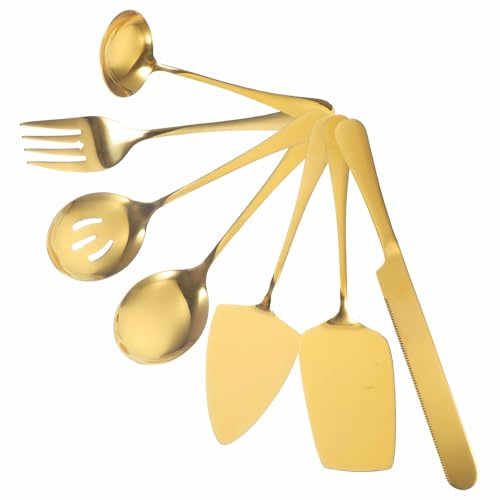 Homoyoyo Ensemble de 7 Ustensiles de Service Dorés en Acier Inoxydable 12 Pouces Coupe-Gâteau Pelle à Gâteau Fourchettes et Cuillères pour Pâtisserie Buffet et Réception