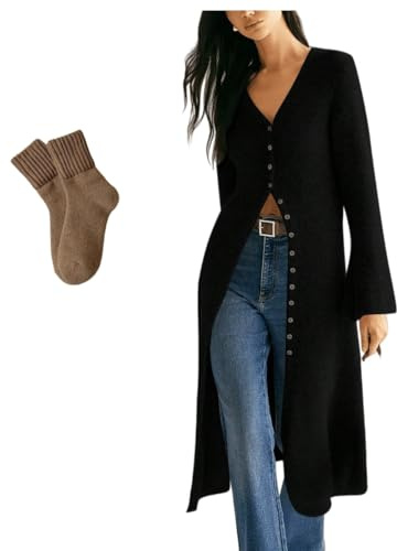 INLANDSIS Cardigan lungo da donna con scollo a V e bottoni, lavorato a maglia grossa, spolverino in maglia grossa, Nero , M