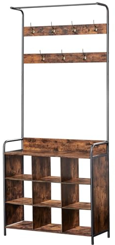 HAUSPROFI Garderobe mit Schuhablage, Kleiderstange, 7 Haken, 9 offenen Ablagen, Industriedesign, für Eingangsbereiche und Flure, Retrobraun, 78,7 x 29,2 x 180,3 cm (L x B x H)