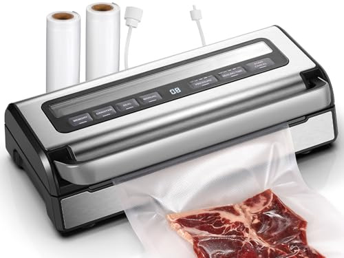 Envasadora al Vacio 95 kPa, 9-in-1 Envasadora al Vacio Domestica con Modo Tiempo & Presión Ajustables, Memoria, Doble Sellado, Cortador & Almacenamiento Integrados, Incl. 2 Rollos & Manguera