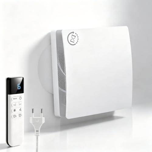 VeftBltrem Badezimmer Badlüfter, Küche Wandlüfter, Wohnraumlüfter Abluftventilator mit Timer, mit 9 Geschwindigkeiten, 9h Timer, 20W, 10cm Anschluss, für Kleine Badezimmer Räume bis 5m², 15 x 10.5cm