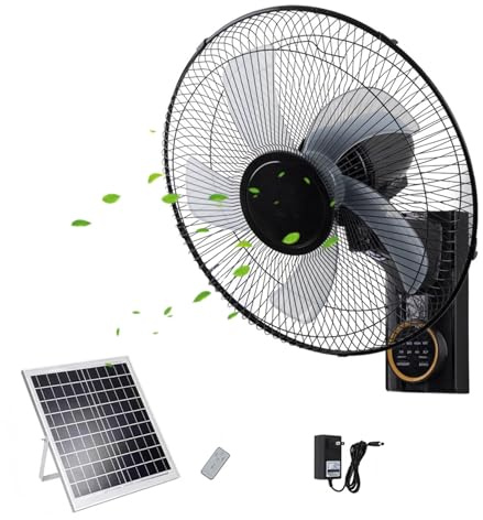 Ventilatore Solare Oscillante da Parete da 16 Pollici, per Interni Ed Esterni, con Telecomando, 5 Pale, 3 velocità, Timer E Inclinazione Regolabile – Include Pannello Solare E Adattatore di