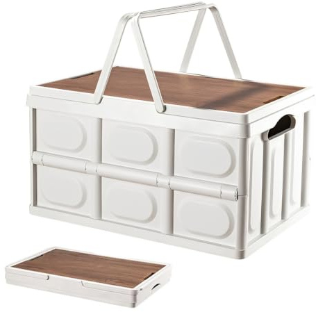 30L Klappbox Faltbar mit Henkel, Aufbewahrungsbox mit Deckel, Campingbox kleine Klappbox Kofferraum Organizer Aufbewahrungsbehälter Campingschrank Plastikbox Transportkiste für Camping Familie (Weiß)